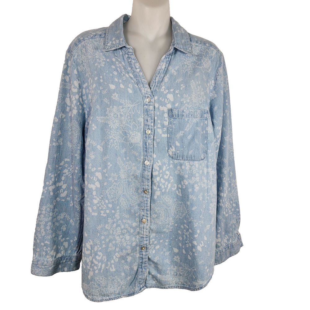 Chico's Womens Chambray Button Floral Shirt Size 2 US L Hemp Blend Denim Casual
